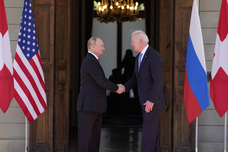 President Joe Biden and Russian President Vladimir Putin, arrive to meet at the 'Villa la Grange', Wednesday, June 16, 2021, in Geneva, Switzerland. (AP Photo/Patrick Semansky)