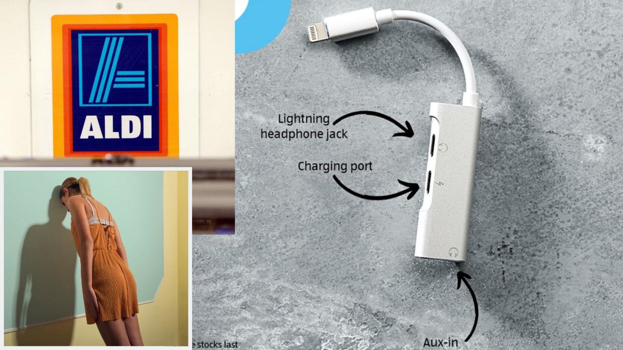 Aldi's $9.99 lightning adaptor, with an Aldi log on top left inset and a woman leaning against a wall on bottom left.