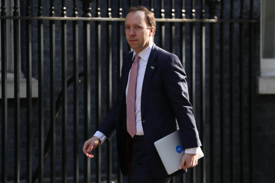 Health Secretary Matt Hancock arrives in Downing Street, London.