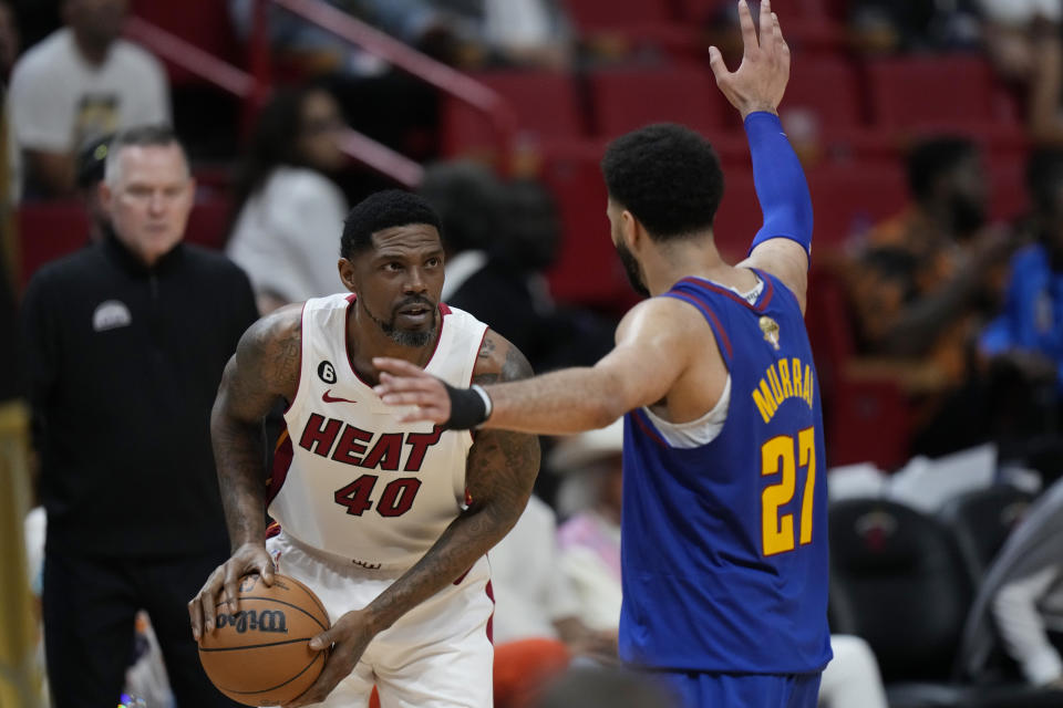 Denver Nuggets guard Jamal Murray (27) defends Miami Heat forward Udonis Haslem (40) during the second half of Game 3 of the NBA Finals basketball game, Wednesday, June 7, 2023, in Miami. (AP Photo/Wilfredo Lee)