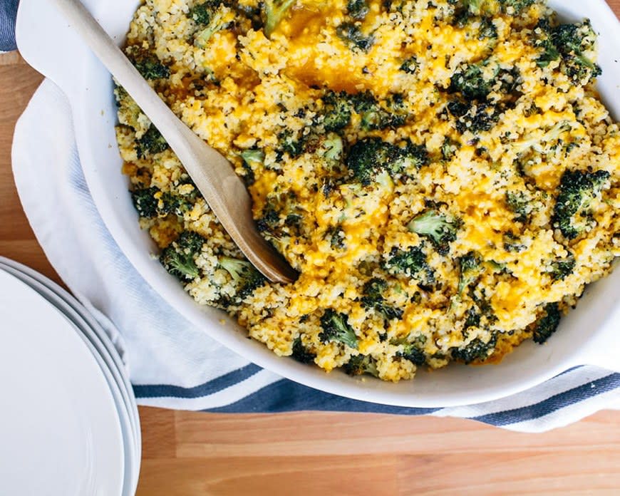 Roasted Broccoli and Cheddar Millet Bake from A Couple Cooks