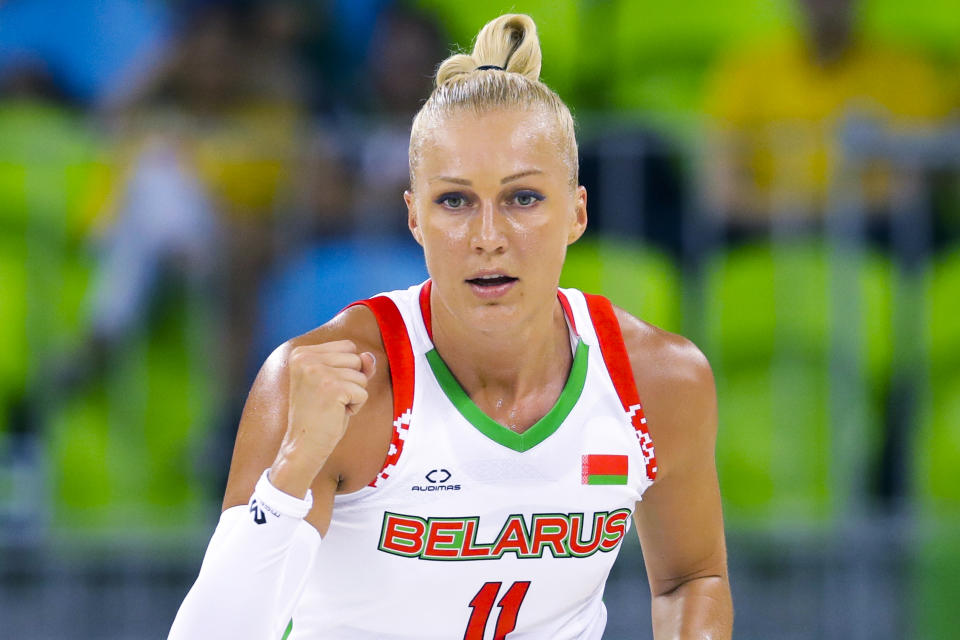 FILE In this file photo taken on Saturday, Aug. 6, 2016, Belarus center Yelena Leuchanka gestures after a basket during the first half of a women's basketball game against Japan at the Youth Center at the 2016 Summer Olympics in Rio de Janeiro, Brazil. Many Belarusian athletes have faced reprisals after speaking out against the authorities and voicing their support for protests. (AP Photo/Carlos Osorio, File)