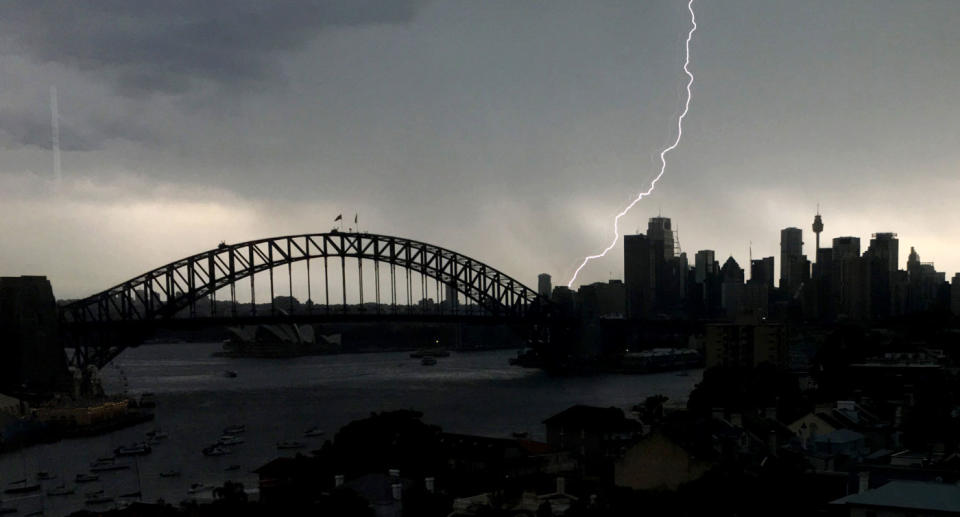 A lightning bolt hits the pylon on the Sydney Harbour Bridge in February 2017. Source: Getty Images