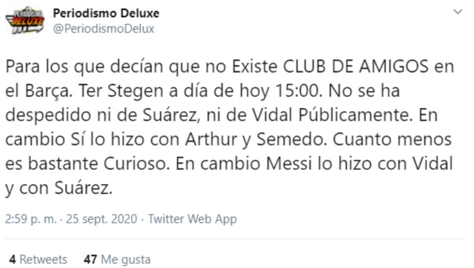 Curiosamente, Messi se ha despedido de los únicos jugadores a los que no dijo adiós Ter Stegen. (Foto: Twitter / <a href="http://twitter.com/PeriodismoDelux/status/1309477539841224704" rel="nofollow noopener" target="_blank" data-ylk="slk:@PeriodismoDelux;elm:context_link;itc:0;sec:content-canvas" class="link ">@PeriodismoDelux</a>).