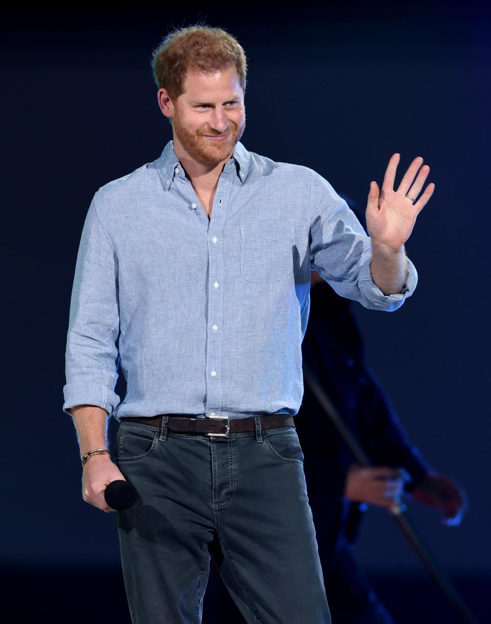 Prince Harry received a big welcome from a crowd of about 20,000 health care and essential workers at the May 2, 2021, "Vax Live" concert in Inglewood, Calif.