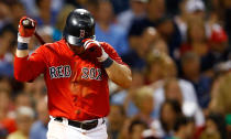 Nick Punto #5 of the Boston Red Sox reacts after striking out against the New York Yankees on July 6, 2012 at Fenway Park in Boston, Massachusetts. (Photo by Jared Wickerham/Getty Images)