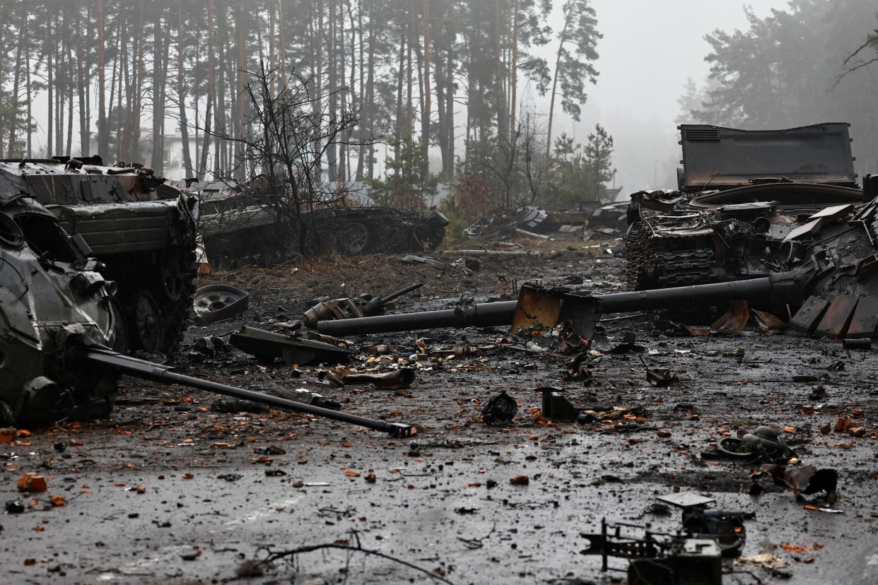 A general view of destroyed Russian tanks and vehicles, amid Russia's invasion of Ukraine, in Dmytrivka village, west of Kyiv, Ukraine April 1, 2022. REUTERS/Zohra Bensemra