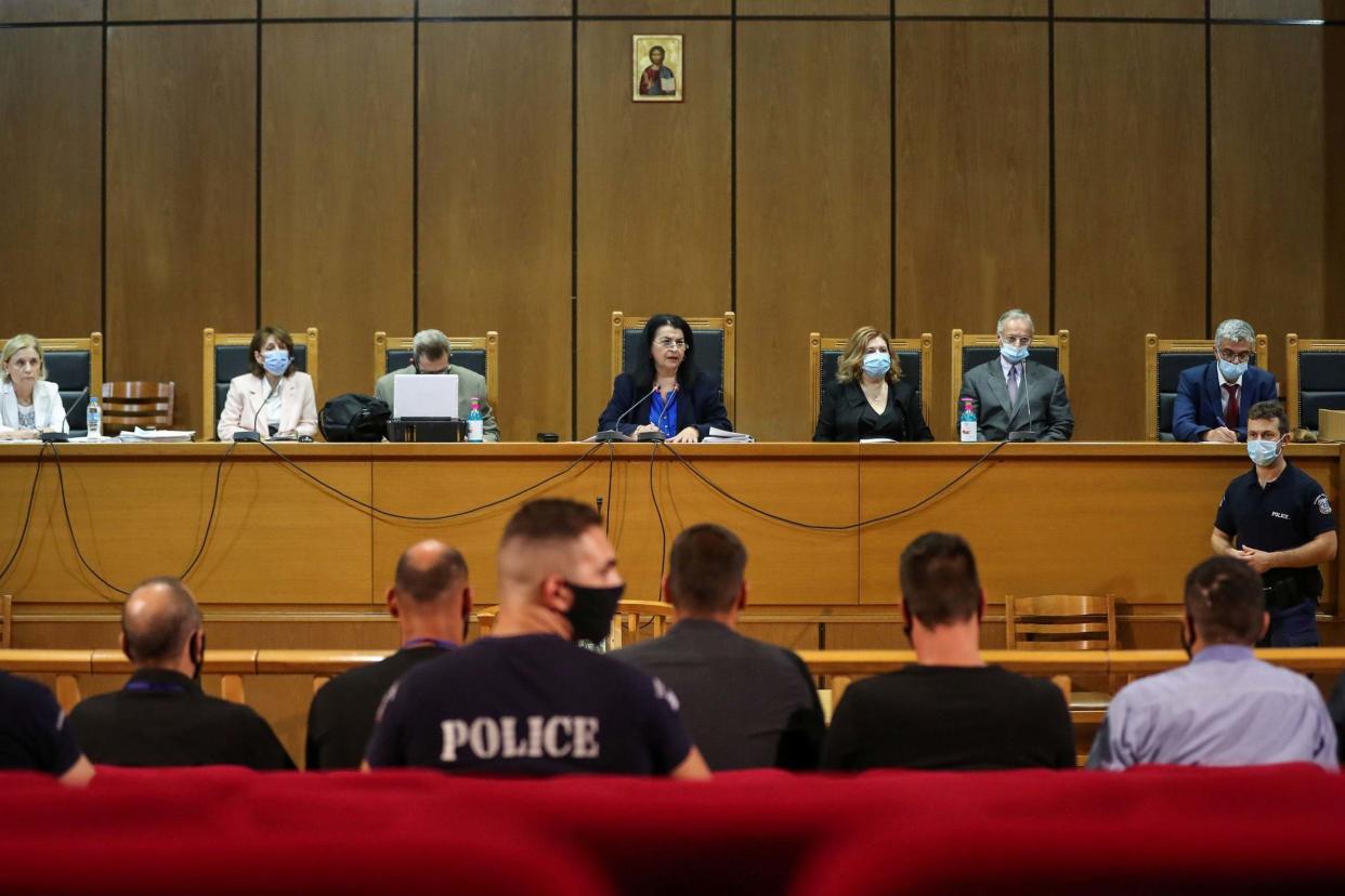 Presiding judge Maria Lepenioti attends a trial of leaders and members of the Golden Dawn far-right party in a court in Athens, Greece, October 7, 2020: Reuters