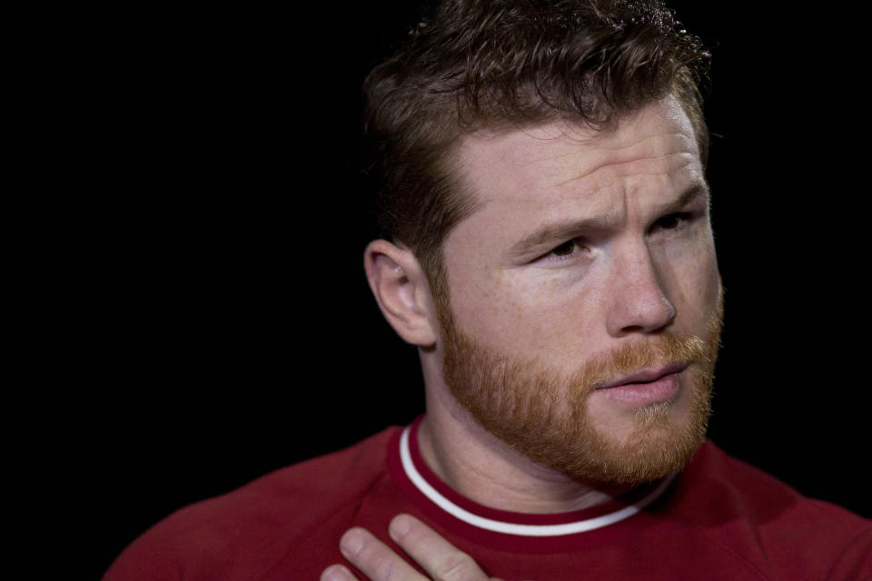 Canelo Alvarez is interviewed, Tuesday, Oct. 16, 2018 in New York. Alvarez is scheduled to fight WBA super middleweight boxing champion Rocky Fielding in New York in December. (AP Photo/Mark Lennihan)