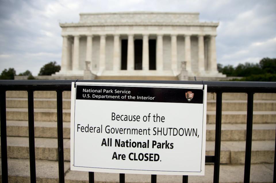 National parks will be closed in a shutdown, as the Lincoln Memorial in Washington was in the 2013 shutdown. <a href="https://newsroom.ap.org/detail/GovernmentShutdownFederalWorkers/db15aad4b2e8423f8579363642314974/photo?Query=government%20shutdown&mediaType=photo&sortBy=arrivaldatetime:desc&dateRange=Anytime&totalCount=7332&currentItemNo=5" rel="nofollow noopener" target="_blank" data-ylk="slk:AP Photo/Carolyn Kaster;elm:context_link;itc:0" class="link ">AP Photo/Carolyn Kaster</a>
