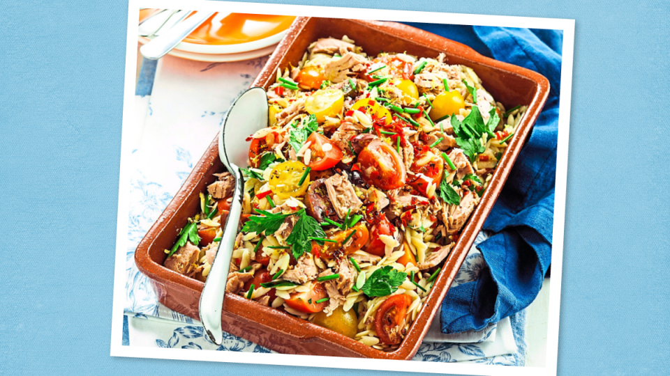 Tuna Orzo Salad sits on a plate (canned tuna recipes)