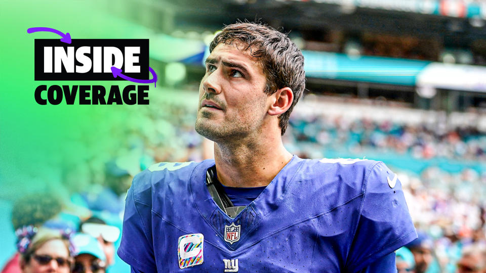 MIAMI GARDENS, FLORIDA - OCTOBER 08: Daniel Jones #8 of the New York Giants leaves the field after an injury against the Miami Dolphins during the fourth quarter at Hard Rock Stadium on October 08, 2023 in Miami Gardens, Florida. (Photo by Rich Storry/Getty Images)