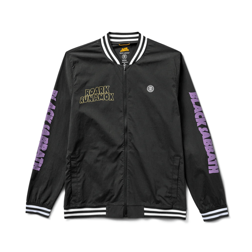 black and purple bomber jacket that reads "black sabbath" on the arms