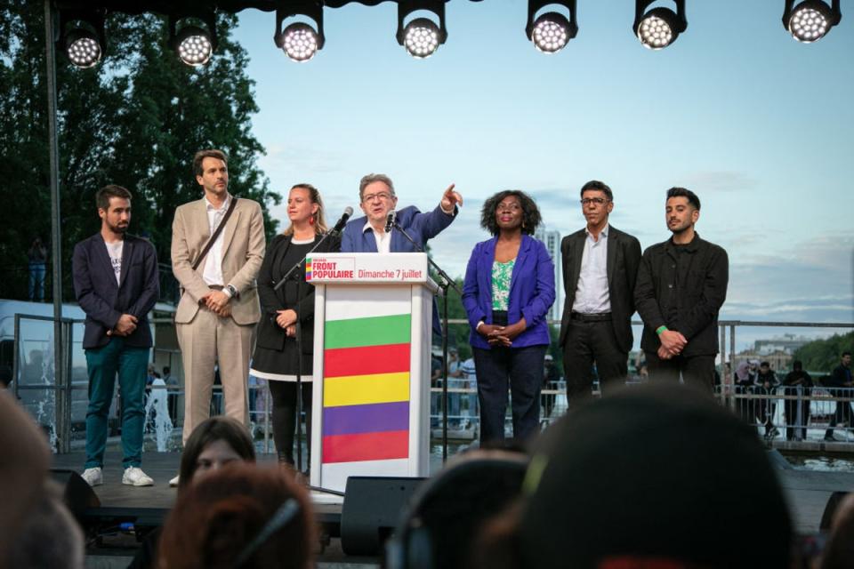 Jean-Luc Mélenchon gives a speech during the election evening of La France Insoumise party in Paris, France, on July 7, 2024 (Hans Lucas/AFP via Getty Images)