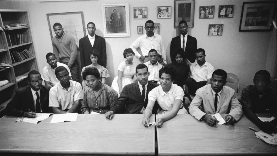 Freedom Riders. Front row, from left: Allen Cason Jr. , Frederick Leonard, Etta Simpson, William B. Mitchell, Ruby D. Smith, John Lewis, Charles Butler, second row, from left: Joseph Carter, Lucretia Collins, Patricia Jenkins, Carl Bush, Catherine Burks, Paul E. Brooks.  Stranding, from left: Clarence Wright, Bernard La Fayette Jr., Rudolph Graham, William Harbour.  In the basement of Reverend Ralph Abernathy's Church. Montgomery, Alabama, May 1961. (Photo: Paul Schultzer/Time Life Pictures/Getty Images) 