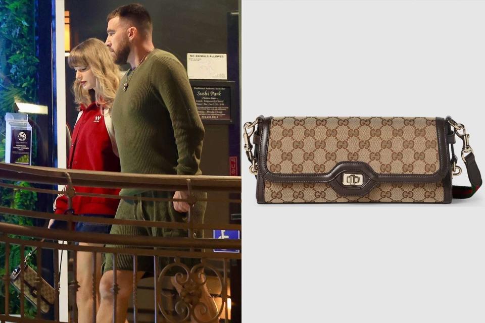 <p>BACKGRID; Gucci.com</p> Taylor Swift and Travis Kelce on a date on April 12; the Gucci purse Swift wore on the date