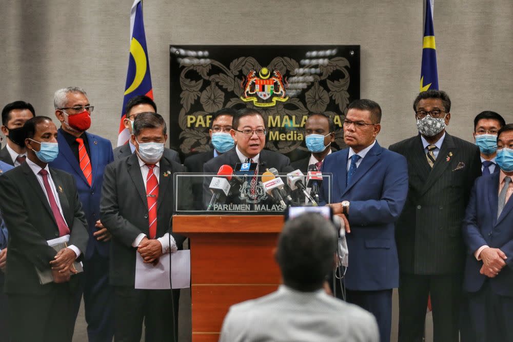 Former finance minister Lim Guan Eng speaks to reporters during a press conference at Parliament, Kuala Lumpur August 25, 2020. — Picture by Ahmad Zamzahuri