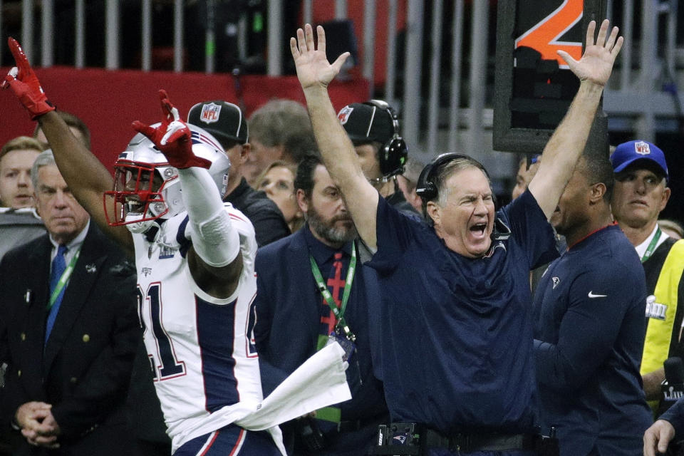 FILE - New England Patriots' Duron Harmon (21) and head coach Bill Belichick celebrate after the NFL Super Bowl 53 football game against the Los Angeles Rams in Atlanta, Feb. 3, 2019. Six-time NFL champion Bill Belichick has agreed to part ways as the coach of the New England Patriots on Thursday, Jan. 11, 2024, bringing an end to his 24-year tenure as the architect of the most decorated dynasty of the league’s Super Bowl era, a person with knowledge of the situation told The Associated Press on the condition of anonymity because it has not yet been announced. (AP Photo/Patrick Semansky, File)