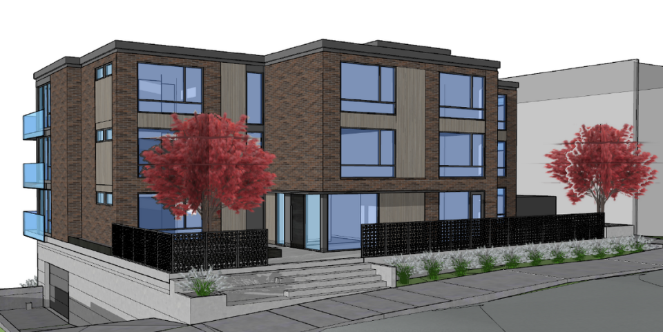 A rendering shows the front of the planned Holly Street Apartments at 1215 W. Holly St. in Bellingham.