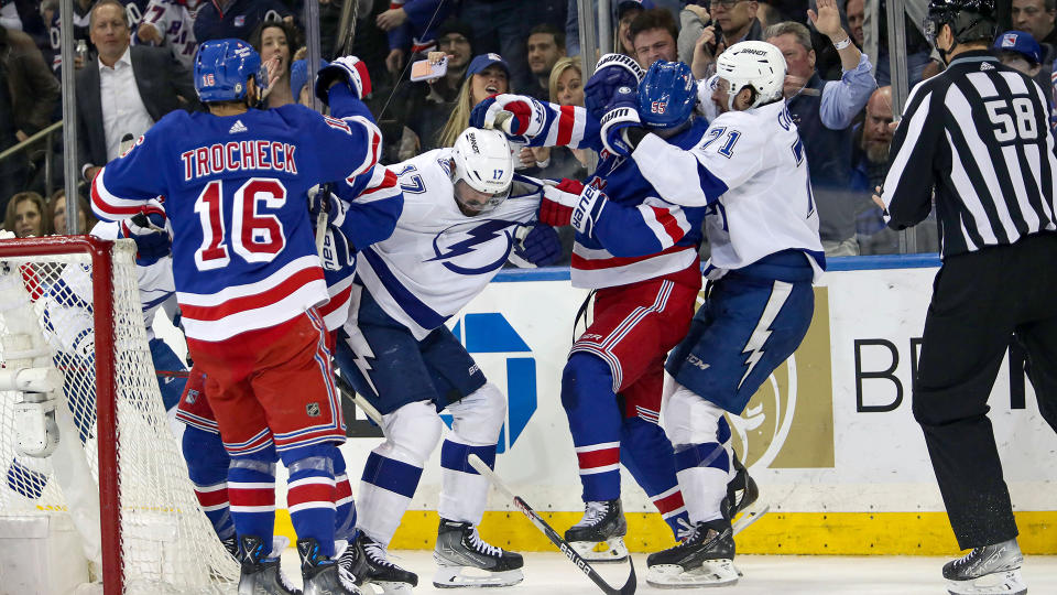 Things got heated between the Rangers and Lightning on Wednesday. (Danny Wild-USA TODAY Sports)