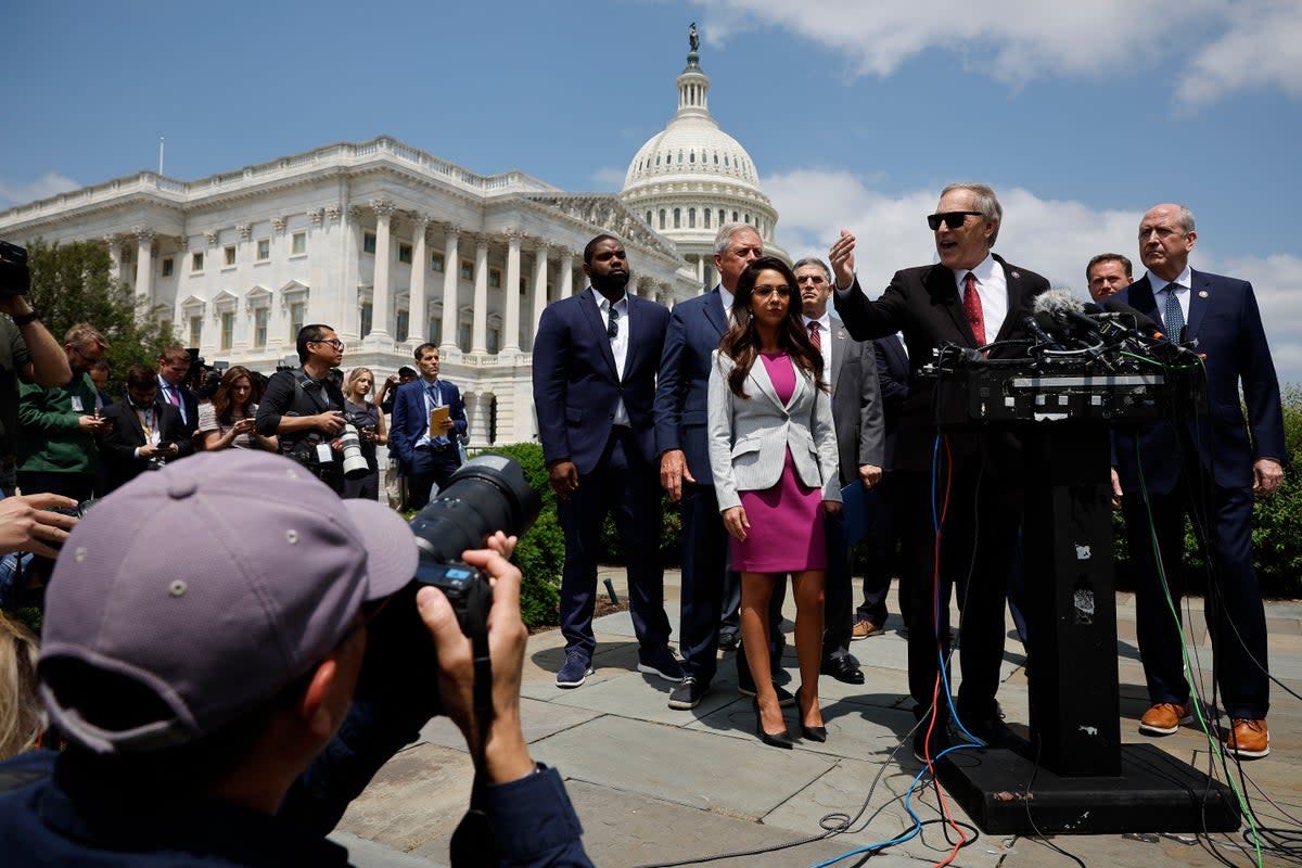 House Freedom Caucus memebers (L-R) Rep. Byron Donalds (R-FL), Rep. Ralph Norman (R-SC), Rep. Lauren Boebert (R-CO), Rep. Andy Biggs (R-AZ), Rep. Michael Cloud (R-TX) and Rep. Dan Bishop (R-NC) announce they would oppose the deal to raise the debt limit during a news conference outside the U.S. Capitol on May 30, 2023 in Washington, DC. The conservative lawmakers urged their fellow House Republicans to vote against the compromise between Speaker of the House Kevin McCarthy (R-CA) and President Joe Biden that would avert a government default. (Photo by Chip Somodevilla/Getty Images) (Getty Images)