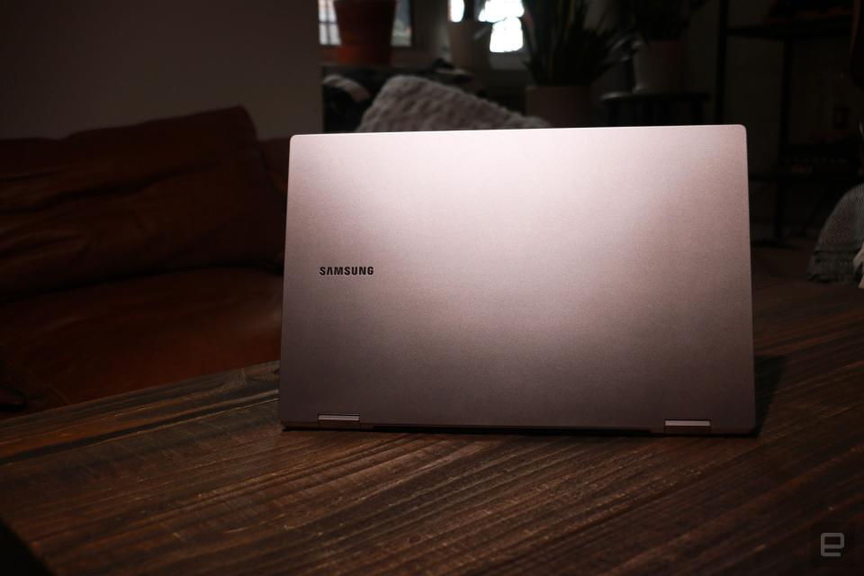 <p>Samsung Galaxy Book Pro 360 review pictures. A view of the lid of the Book Pro 360 with the Samsung logo on the middle left.</p> 