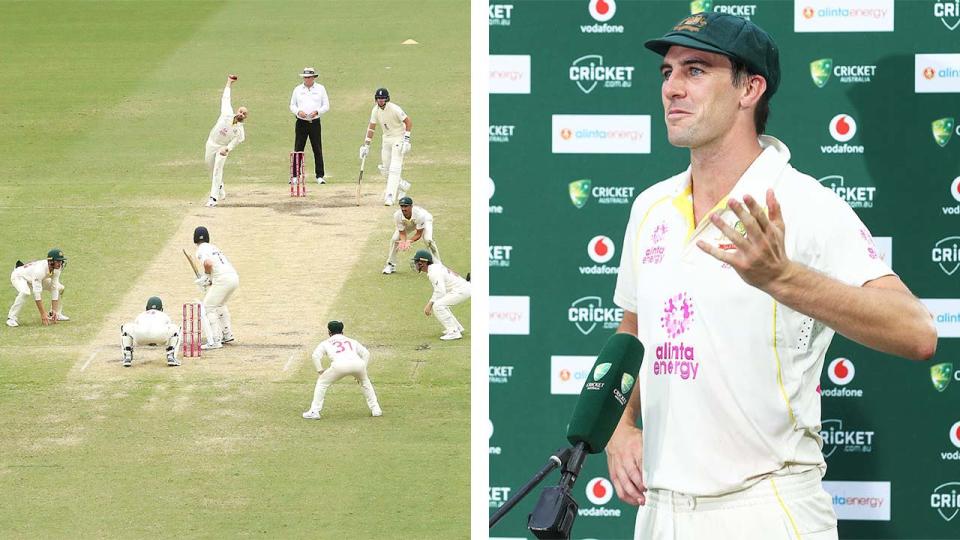 Pat Cummins (pictured right) during an Ashes press conference and (pictured left) Nathan Lyon bowling to a tight field.