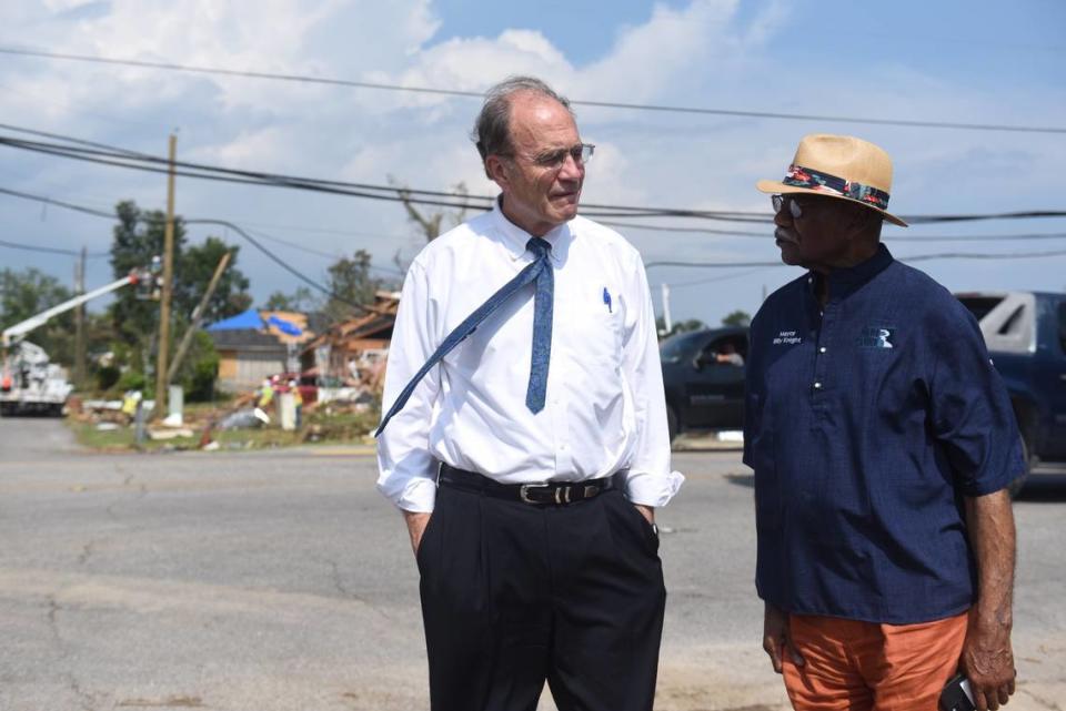 Lt. Gov. Delbert Hosemann, left, and Moss Point Mayor Billy Knight assess damage left behind by a June 19 tornado on Wednesday, June 21, 2023.