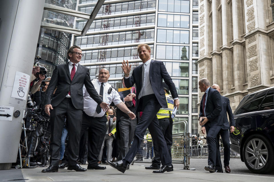 Britain's Prince Harry arrives at the High Court in London, Wednesday, June 7, 2023. Prince Harry has given evidence from the witness box and has sworn to tell the truth in testimony against a tabloid publisher he accuses of phone hacking and other unlawful snooping. He alleges that journalists at the Daily Mirror and its sister papers used unlawful techniques on an "industrial scale" to get scoops. Publisher Mirror Group Newspapers is contesting the claims. (Aaron Chown/PA via AP)