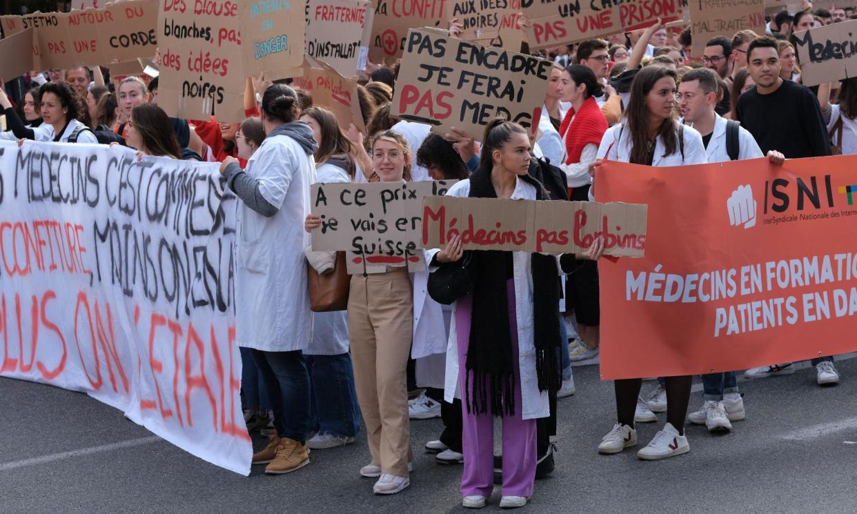 <span>Students protest in 2022 in Toulouse, France, to oppose a fourth year of internship in general medicine.</span><span>Photograph: Abaca Press/Alamy</span>