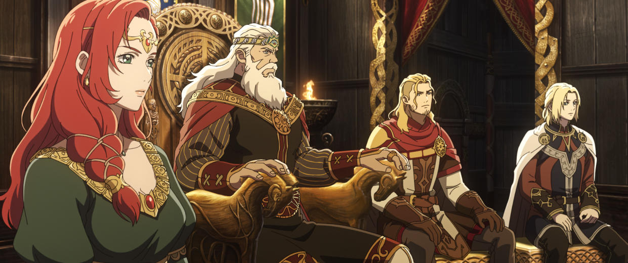 (L-r) HÉRA Voiced by GAIA WISE, HELM HAMMERHAND voiced by BRIAN COX, HALETH Voiced by BENJAMIN WAINWRIGHT and HAMA voiced by YAZDAN QAFOURI in New Line Cinema’s and Warner Bros. Animation’s epic anime adventure  The Lord of the Rings: The War of the Rohirrim. (Warner Bros.)