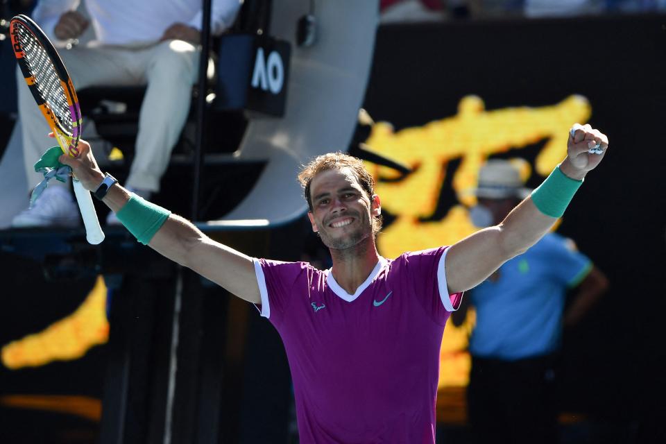 Rafa Nadal (pictured) thanks the crowd and celebrates after winning against Adrian Mannarino during the Australian Open.