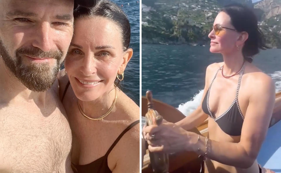 L: Courteney Cox takes a selfie with Johnny McDaid. R: Courteney Cox drives a boat in a string bikini.