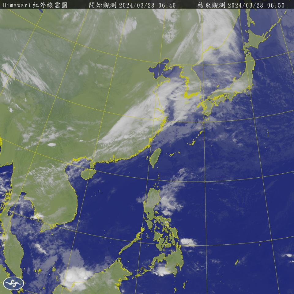 今天環境轉為暖濕西南風，天氣不穩定，白天中南部及花東有局部短暫陣雨或雷雨，南部地區並有局部較大雨勢發生的機率，其他地區大致為多雲，（圖：氣象署網站）