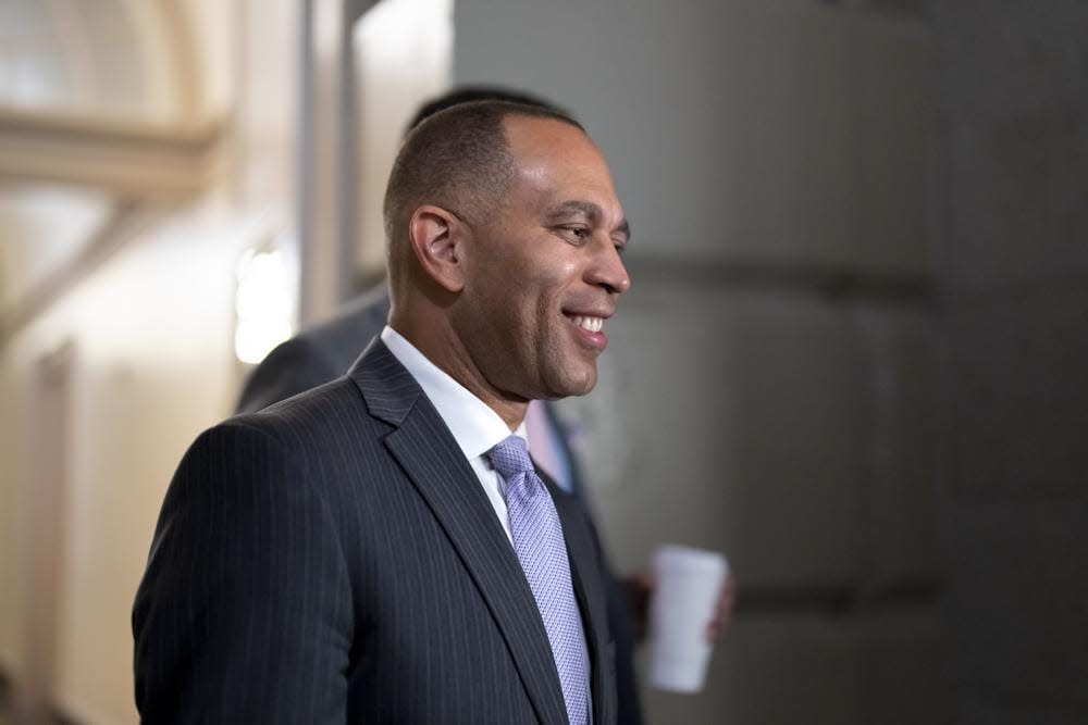 House Democratic Caucus Chair Hakeem Jeffries, D-N.Y., arrives to meet with his fellow Democrats, at the Capitol in Washington, Thursday, Nov. 17, 2022. (AP Photo/J. Scott Applewhite, File)