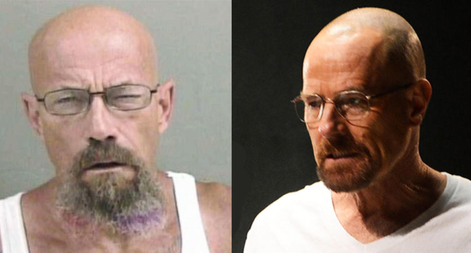 The internet is obsessing over the resemblance between a man named Todd W. Barrick Jr., who is wanted by police in relation to a meth charge, and Bryan Cranston's Breaking Bad character, Walter White(Photo: Galesburg Police Department Facebook; Everett Collection) 