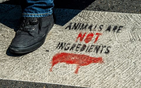 It is the latest episode in an ongoing battle between vegan militants and French butchers  - Credit: AFP