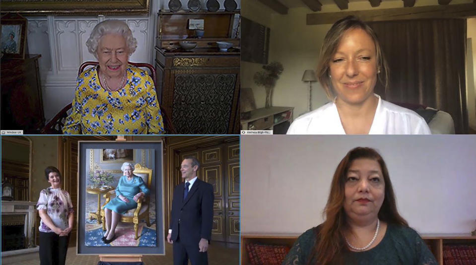 Undated handout photo released Saturday July 25, 2020, by the Royal Communications, showing Britain's Queen Elizabeth II, top left, in Windsor, England, during a video link call for a 'virtual' visit to the Foreign and Commonwealth Office, FCO, in London, to speak to members of staff and watch the official unveiling of a new portrait of herself by artist Miriam Escofet, seen bottom left. The painting was commissioned by the Foreign and Commonwealth Office (FCO), as a 'lasting tribute to her service' to diplomacy. The Queen paid a virtual visit to the FCO via video call, to hear about their response to the COVID-19 outbreak and join the unveiling of the new portrait. (Foreign and Commonwealth Office via AP)