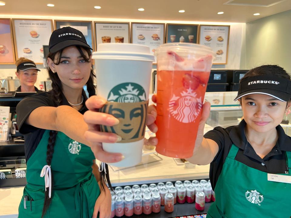 From the left: Susan Ferris, Yasmeen Amar and Catherine Galot are baristas at the new Starbucks coffee shop at the Hilton Daytona Beach Oceanfront Resort, pictured Tuesday, Oct. 10, 2023. The coffee shop is now serving customers. It will hold its grand opening on Oct. 27 when a ribbon-cutting will be held at 10 a.m. with the Daytona Regional Chamber of Commerce. The new Starbucks is at the south end of the hotel on the northeast corner of A1A and Auditorium Boulevard.