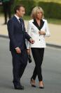 <p>Wearing a black and white blazer, black cigarette pants, and patent leather pumps for the 2018 NATO Summit. </p>