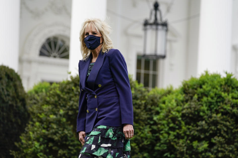 First lady Jill Biden arrives to participate in an Arbor Day tree planting ceremony at the White House, Friday, April 30, 2021, in Washington. (AP Photo/Evan Vucci)