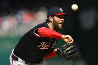 Washington Nationals pitcher Trevor Williams throws during the first inning of a baseball game against the Houston Astros at Nationals Park, Saturday, April 20, 2024, in Washington. (AP Photo/John McDonnell)