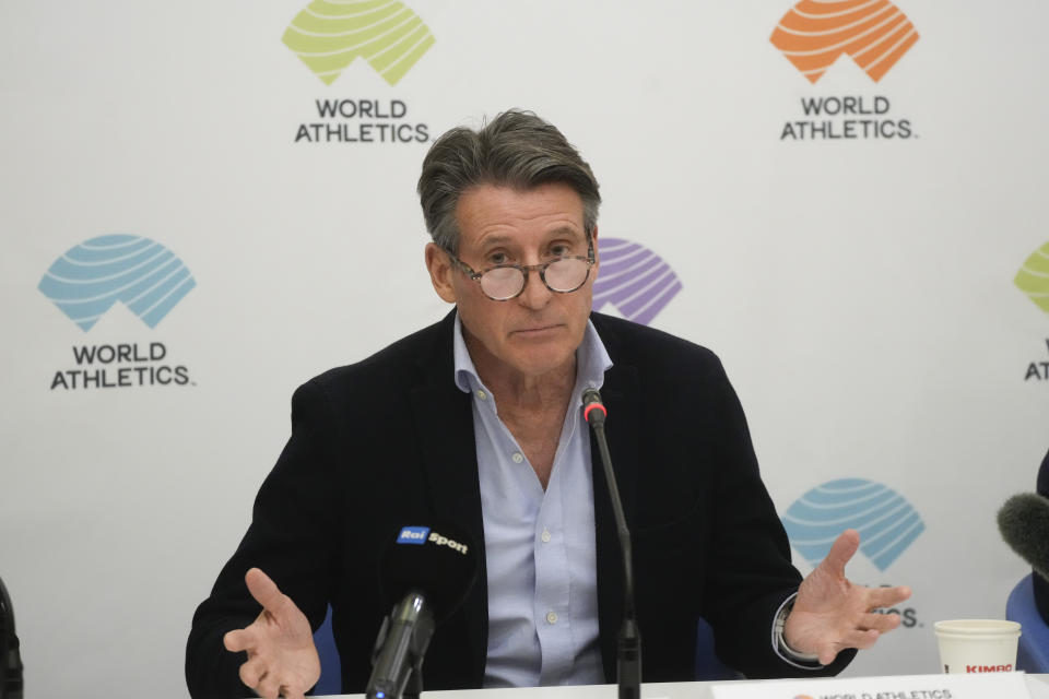 World Athletics President Sebastian Coe holds a press conference at the conclusion of the World Athletics meeting at the Italian National Olympic Committee, headquarters, in Rome, Wednesday, Nov. 30, 2022. (AP Photo/Gregorio Borgia)