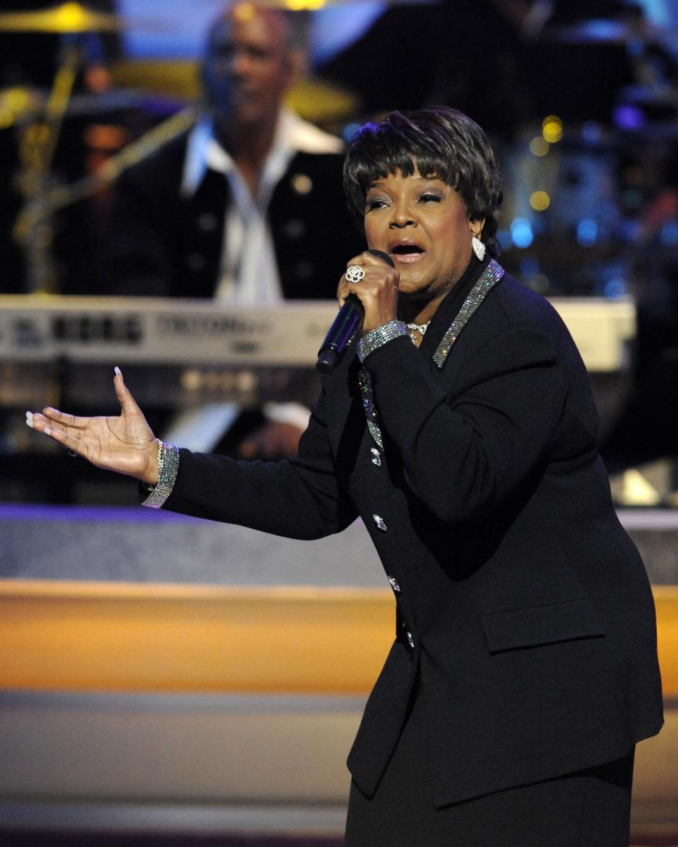 FILE - This Dec. 15, 2007 file photo shows 11-time Grammy winner and pastor Shirley Caesar performing at BET network's Annual Celebration of Gospel concert in Los Angeles. Caesar, who is known as the "Queen of Gospel," is singing to a different tune on her new solo album, "Good God," released last week. It has been four years since she dropped an album, giving her time to embrace a new musical approach. The 74-year-old Caesar brought on up-and-comers Kurt Carr and James Fortune as producers to infuse a more contempo style. (AP Photo/Chris Pizzello, file)