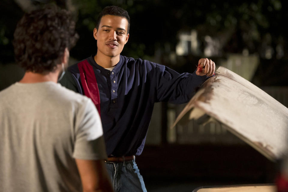 Bradley Constant grew his own 'stache to play 15-year-old Dwayne Johnson (Photo by: Mark Taylor/NBC)