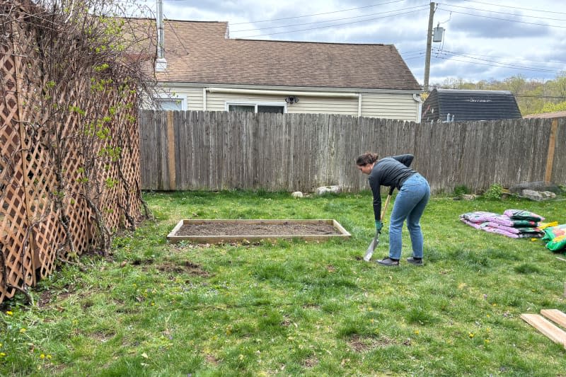 Gardener digging up grass to install raised bed.