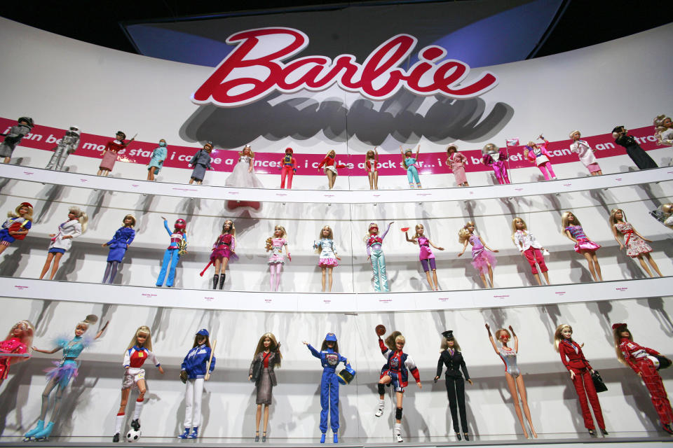 A display of Barbie dolls is shown at the Mattel exhibit, Friday, Feb. 12, 2010 at the New York Toy Fair. (AP Photo/Mark Lennihan)