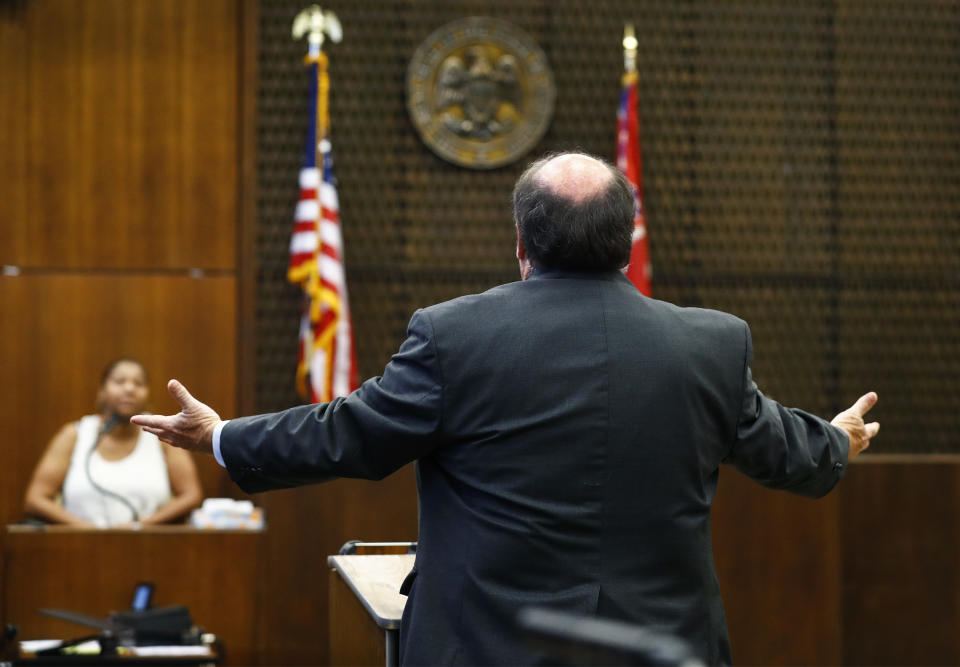 Lead prosecutor John Champion speaks during the retrial of Quinton Tellis in Batesville, Mississippi on Sunday, September 30, 2018. Tellis is charged with burning 19-year-old Jessica Chambers to death almost three years ago on Dec. 6, 2014. Tellis has pleaded not guilty to the murder. (Mark Weber/The Commercial Appeal via AP, Pool)