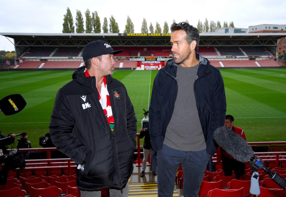 Wrexham co-chairmen Rob McElhenney and Ryan Reynolds during a press conference at the Racecourse Ground, Wrexham.