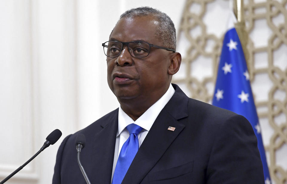 US Secretary of Defense Lloyd Austin speaks during a joint press conference with US Secretary of State Antony Blinken, Qatari Deputy Prime Minister and Foreign Minister Mohammed bin Abdulrahman al-Thani, and Qatari Defense Minister Khalid Bin Mohammed Al-Attiyah, at the Ministry of Foreign Affairs in Doha, Qatar, Tuesday, Sept. 7, 2021. (Olivier Douliery/Pool Photo via AP)